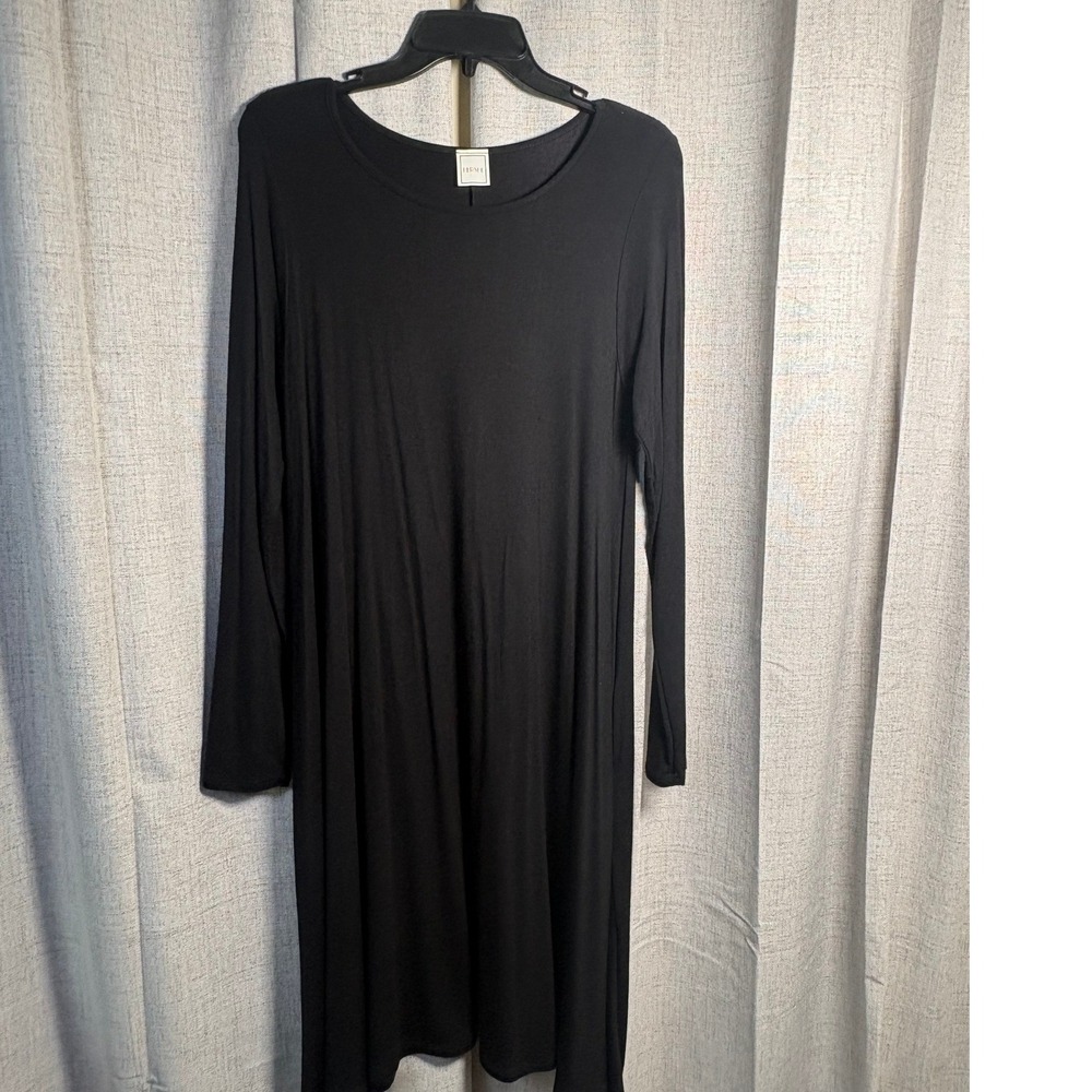 Hershe Womens Long Sleeve Swing Dress Black Pockets Rayon Stretch Jersey L